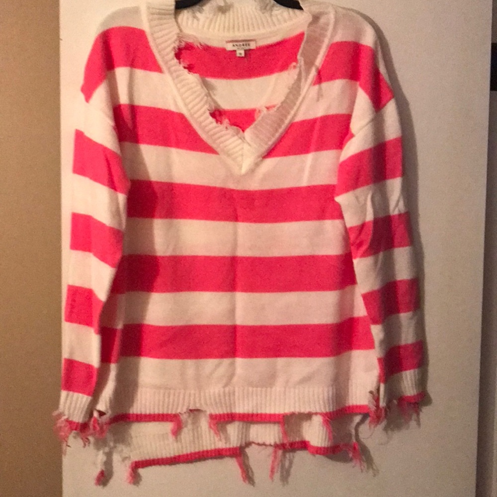 Hot pink and white striped deconstructed sweater.